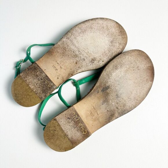 CHANEL Green Quilted Tweed Sandal Size 38.5 US 8 Chain T-strap Interlocking CC - Picture 9 of 11
